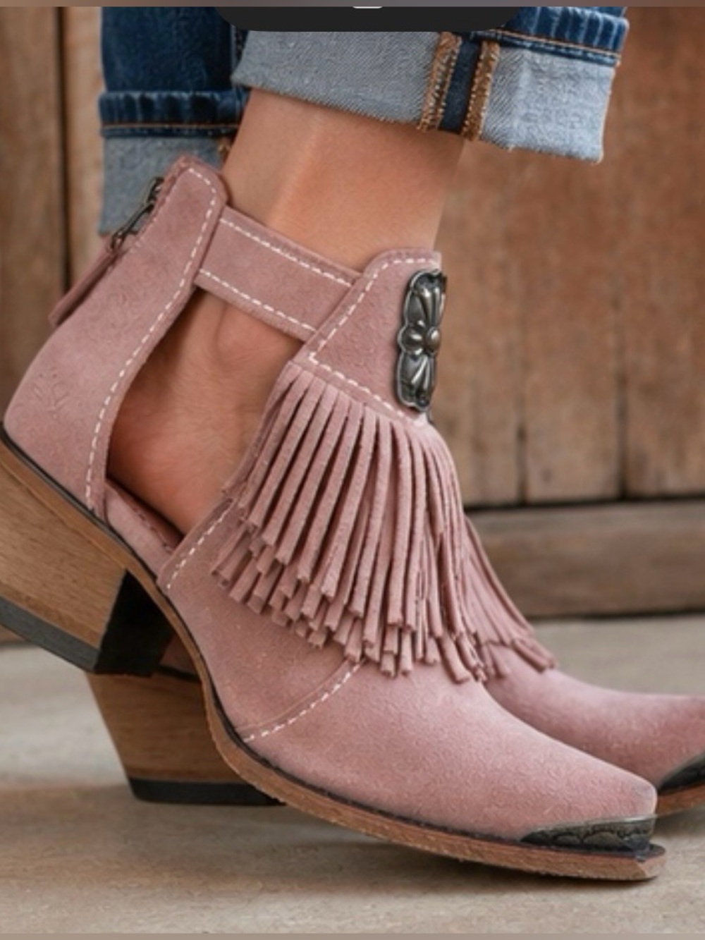 Junk Gypsy by Lane Pink Suede Fringe Western Ankle Booties 8.5 Made in Mexico